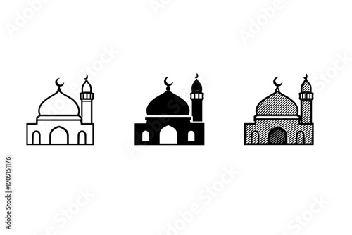 Set of three minimalist mosque icons showing domes, crescent finials, and minarets in outline, solid silhouette, and hatched line styles