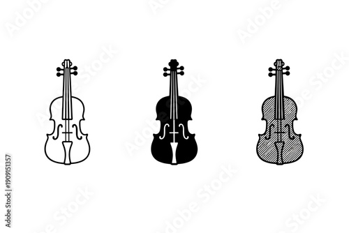 Three violin icons in black and white, showing outline, solid silhouette, and hatched texture variations on a clean minimalist background