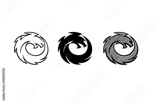Three circular swirl logos in outline, solid, and hatched styles, showing abstract rotating vortex icon set in black and white on white background