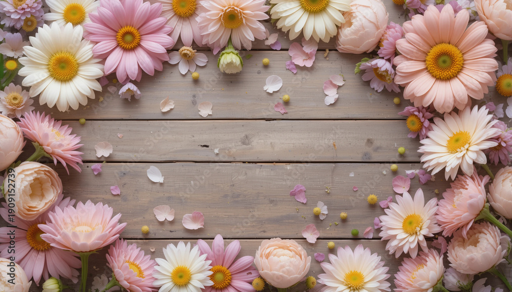 Obraz premium Pastel flowers scattered on wooden table flat lay