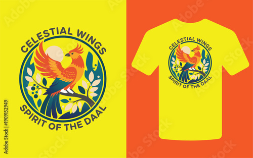 A vibrant yellow t shirt mockup displaying a circular design featuring a colorful bird and text high quality