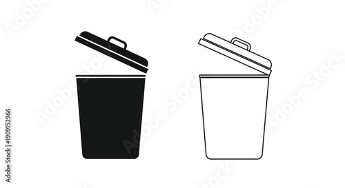 Two trash cans with open lids one black and one white outline