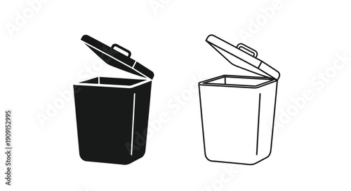 Black and white line art depicting two open waste bins or containers