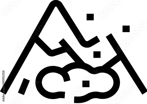 Mountain icon displaying a natural disaster with snow or rocks sliding down, representing geological hazards, risk, and emergency situations in mountainous terrain