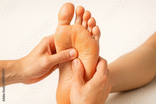 Close-up shot of a foot being massaged for reflexology treatment to relieve stress and tension, improve circulation and promote relaxation, alternative medicine concept.