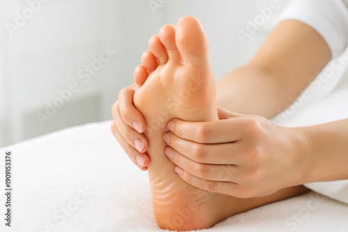 Close up of a foot massage on a white towel in a spa, female hands gently massaging a foot for relaxation and wellness, a modern spa treatment for sore feet.