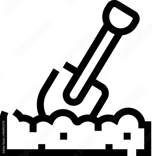 Shovel plunged into fertile soil, symbolizing gardening, agriculture and construction work in a simple modern outline style for eco, home improvement and farming concepts