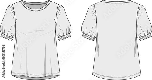 Fashionable Ladies' Top Design Mockup: Front and Back Views of a Stylish Women's Blouse with Gathered Sleeves for Apparel Design and Garment Industry Inspiration