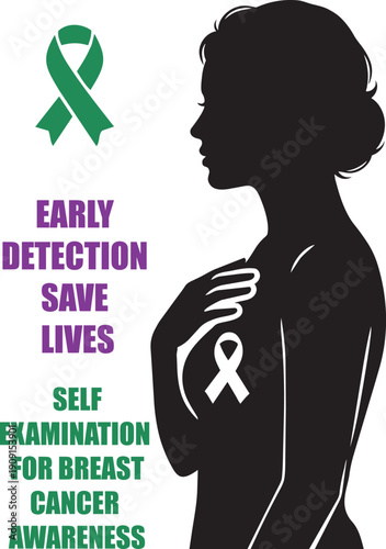 Woman checking her breast to prevent and support the cause of breast cancer. Breast self exam concept vector illustration