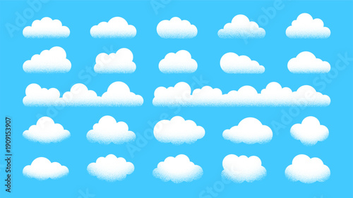 Grunge cloud. Grainy, cloudy shape. Simple noise texture on weather elements on blue background. Abstract dusty grain effect for cumulus cloud objects. Vector sky background
