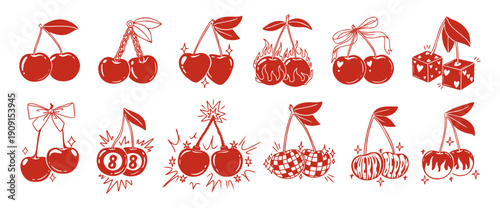 Vintage cherry. Retro berry. Sketch cherries with bow, ribbon, leaves, berries explosion, luck, 8 ball, heart, fire, disco ball, lucky dice. Hand drawn decorative vector prints