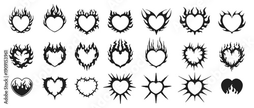 Neo tribal heart. Y2K tattoo hearts. Abstract gothic flame and love elements, fire punk rock silhouette, black futuristic cyber, techno stickers. Vintage burning shape. Vector set
