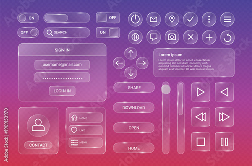 Glassmorphism interface. Transparent glass UI frames. Abstract gradient UI UX user button, bar, frame, templates for website, mobile app, social media. Vector set