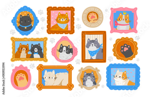 Cat portrait in frame. Cute pet pictures. Cartoon funny interior photos in frames with happy cats, home memory gallery with animal family on wall. Feline characters. Vector set