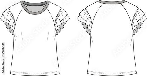 Fashionable Apparel Technical Drawing: A Ruffled Sleeve Tee Design for Spring and Summer Collections, Perfect for Digital Mockups and Design Templates, Showcasing Raglan Sleeve and Round Neck Style