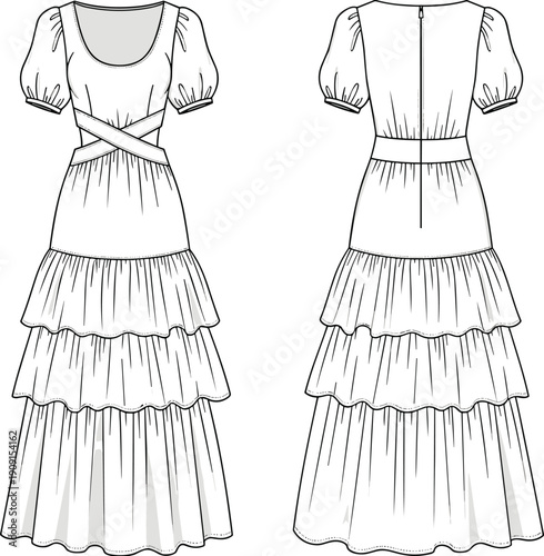Fashion Forward: A Black and White Sketch of an Elegant Tiered Maxi Dress with Crisscross Details and Puff Sleeves - Ready to be Brought to Life with Color and Style