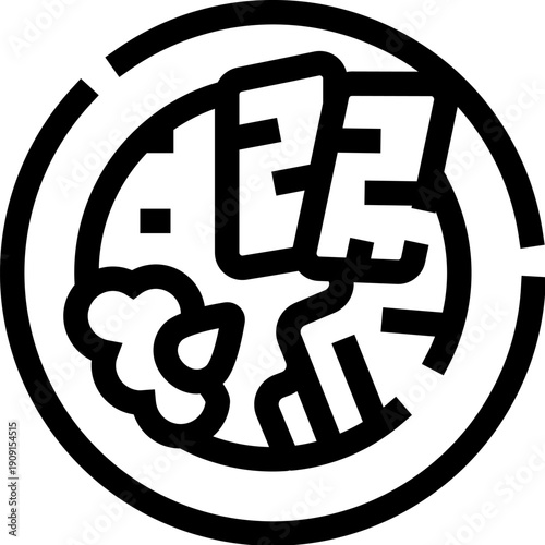 Noodle dish served in a round bowl, representing asian cuisine and various restaurant menu items, featuring ingredients like vegetables and proteins in a minimalist outline style