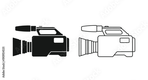 Two monochrome icons depicting vintage video cameras in different styles