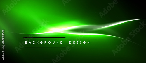 Bright green abstract background. Smooth curves radiate from central light source. Dark edges create dramatic contrast. Modern design element.