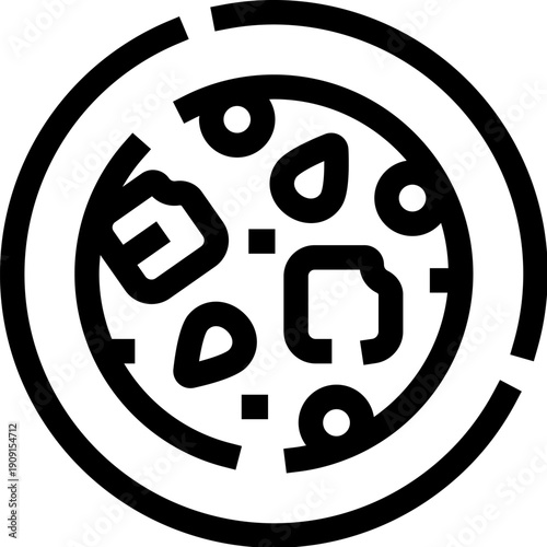 Round pizza with various toppings creating a fast food or italian cuisine concept, useful for web design, mobile apps, and graphic interfaces showcasing food delivery or restaurant menus