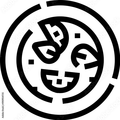 Round pizza outline with basil leaves and scattered toppings, minimalist black and white line art symbolizing italian cuisine, fast food, delivery, menu or app icon