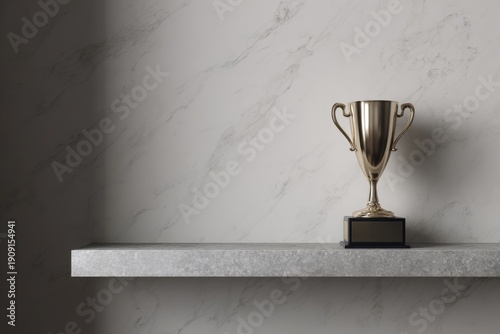 Concept of success with a sleek trophy on a minimalist shelf.