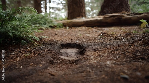 A solitary footprint indentation pressed into the damp earth of a forest floor surrounded by natural debris