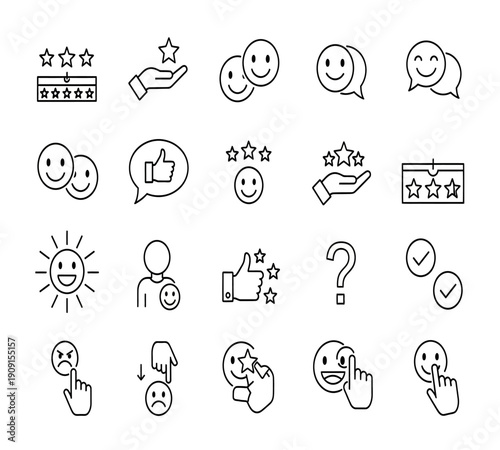 A collection of thin line icons representing ratings feedback customer service and positive interactions high quality
