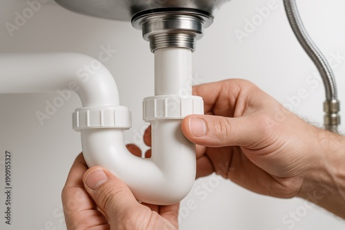 Close-up of a plumber fixing a white plastic P-trap under a sink, demonstrating plumbing repair skills with a modern faucet and a clean, bright background.