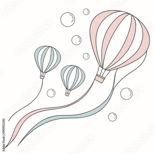 A group of hot air balloons floating in the sky with bubbles