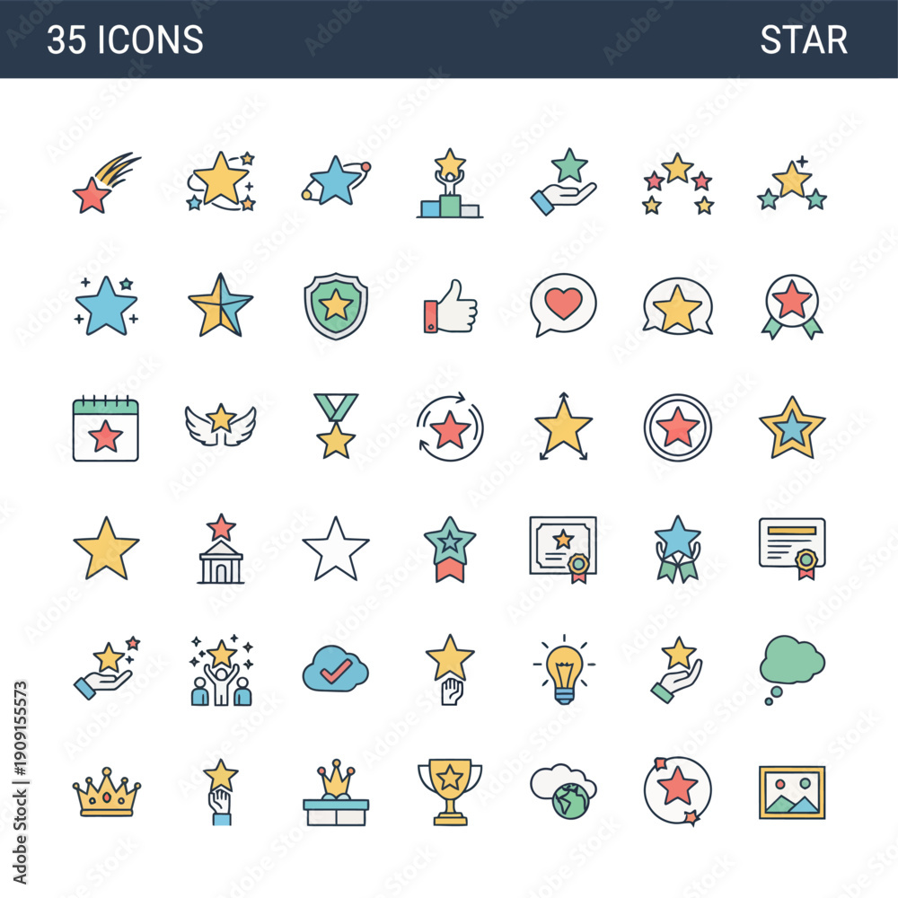 Fototapeta premium A collection of 35 star-themed icons in various styles and colors displayed on a clean white background from a straightforward viewpoint