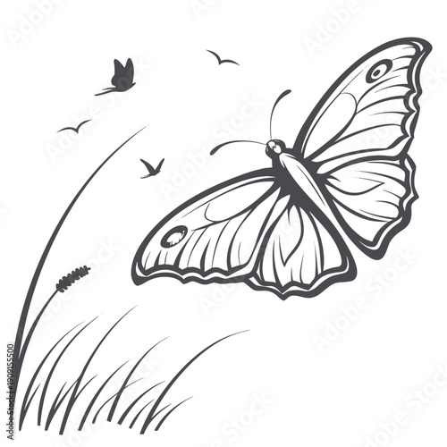 A butterfly flying over a field with grass and other butterflies