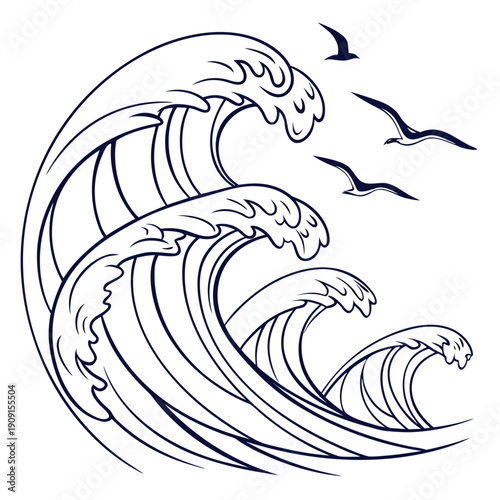 A wave in the ocean with birds flying overhead