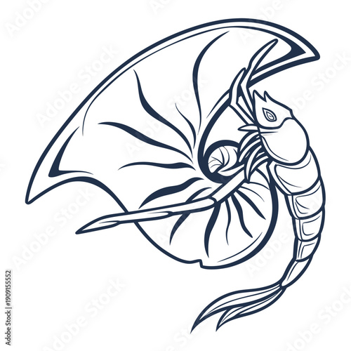 A blue line drawing of a scorpion riding a nautilus shell