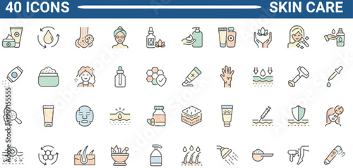Collection of 40 icons representing various skin care products and tools for personal grooming and hygiene routines