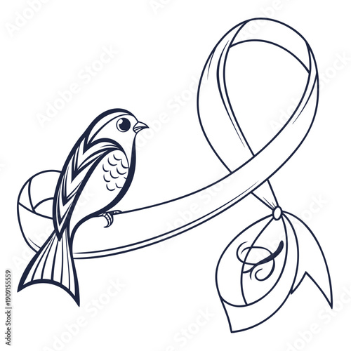 A bird sitting on a ribbon