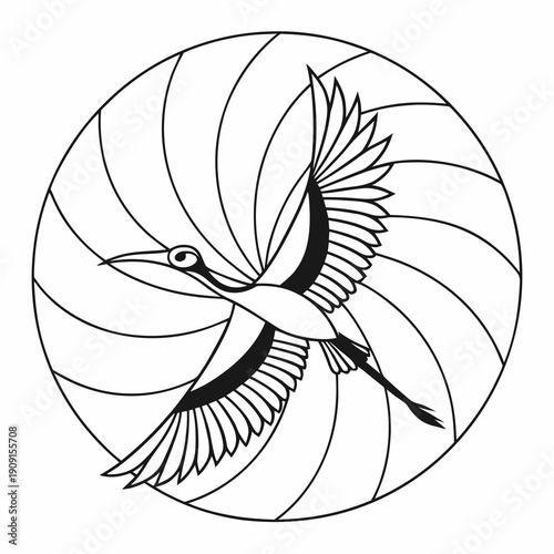A bird in flight within a circular design