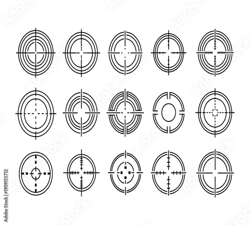 A collection of black crosshair target icons arranged in a grid representing precision and aiming