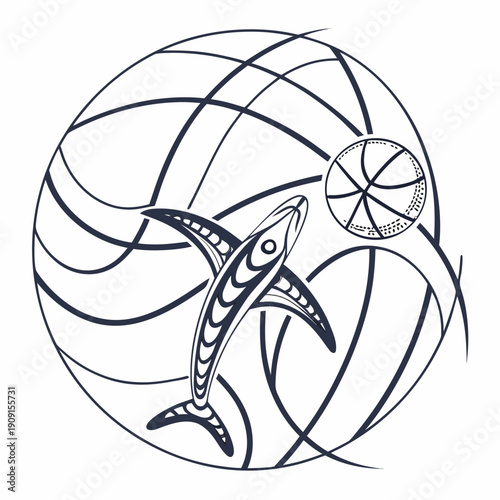 A fish jumping out of a volleyball with a basketball in the background