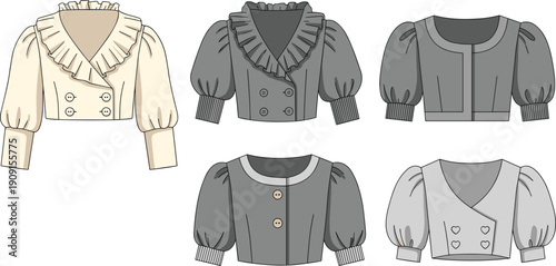 Chic Fashion Vector Illustration: A Collection of Elegant Women's Crop Tops with Ruffles and Statement Sleeves for Fashion Design and Creative Projects