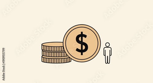 Small Person Beside Stack of Coins with Dollar Sign, Financial Growth Concept