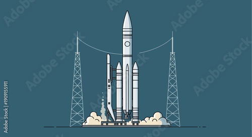 Space Rocket Launching from Launch Pad with Smoke and Towers