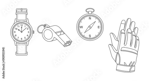 Sports Referee Gear: Watch, Whistle, Compass, and Gloves - Isolated on White