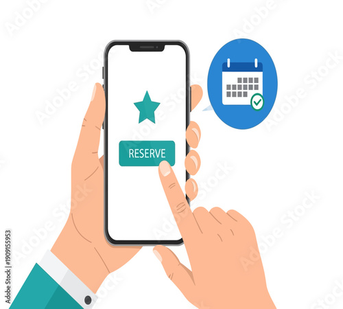 A hand interacts with a smartphone displaying a reservation application with a calendar and star icon