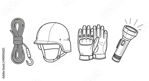 Survival Gear Set: Rope, Helmet, Gloves, Flashlight - Outdoor Adventure Essentials