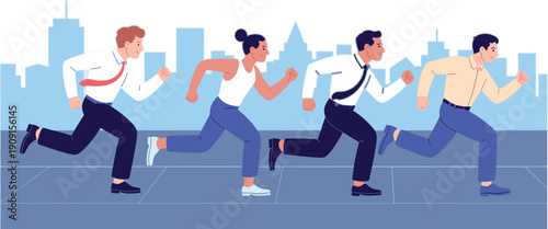 Group of business people running forward in city background, teamwork and competition concept illustration representing motivation, ambition, success, and career growth in modern flat style