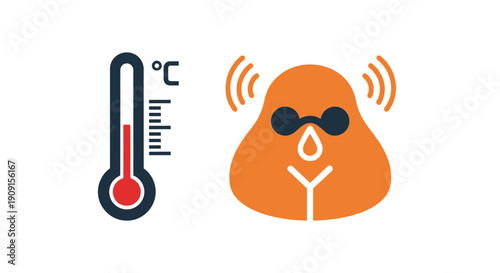 Thermometer and orange character with sunglasses and heat waves, concept of overheating