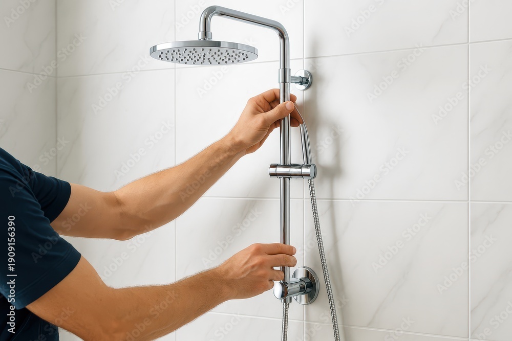 Fototapeta premium Installing a new shower system with adjustable settings in a modern bathroom, a renovation project focusing on home improvement and plumbing upgrades.