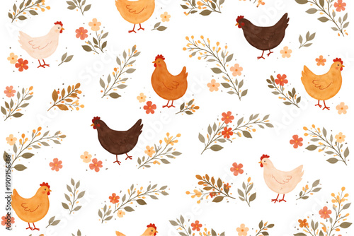 EASTER CHICKEN FLORAL SEAMLESS PATTERN WATERCOLOUR FARMHOUSE STYLE