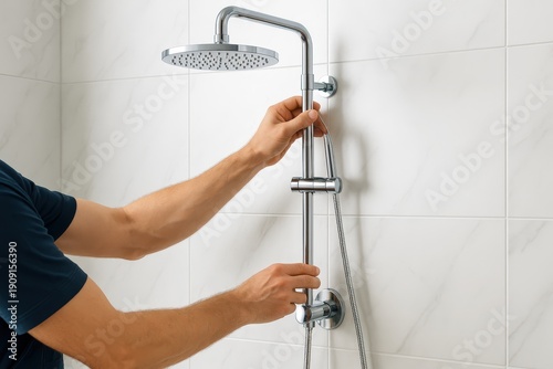 Installing a new shower system with adjustable settings in a modern bathroom, a renovation project focusing on home improvement and plumbing upgrades.